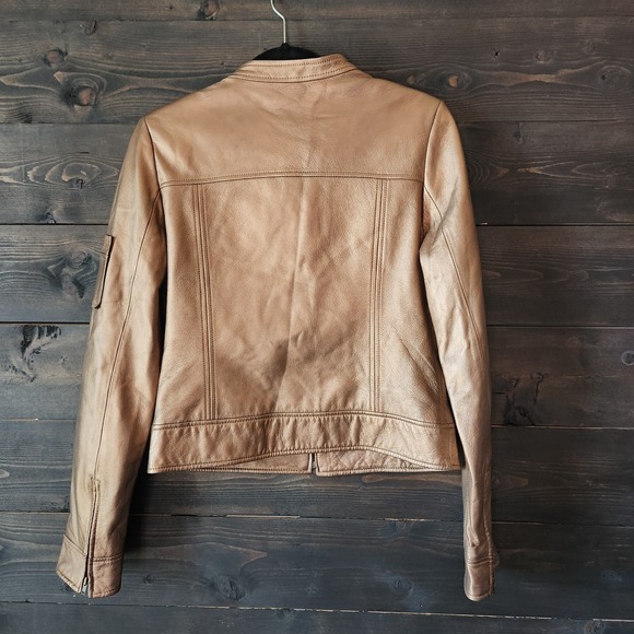 PowWow Leather Jacket Women's 6 Gold Bronze Short Moto Leopard‎ Lining Biker Zip - Picture 2 of 14